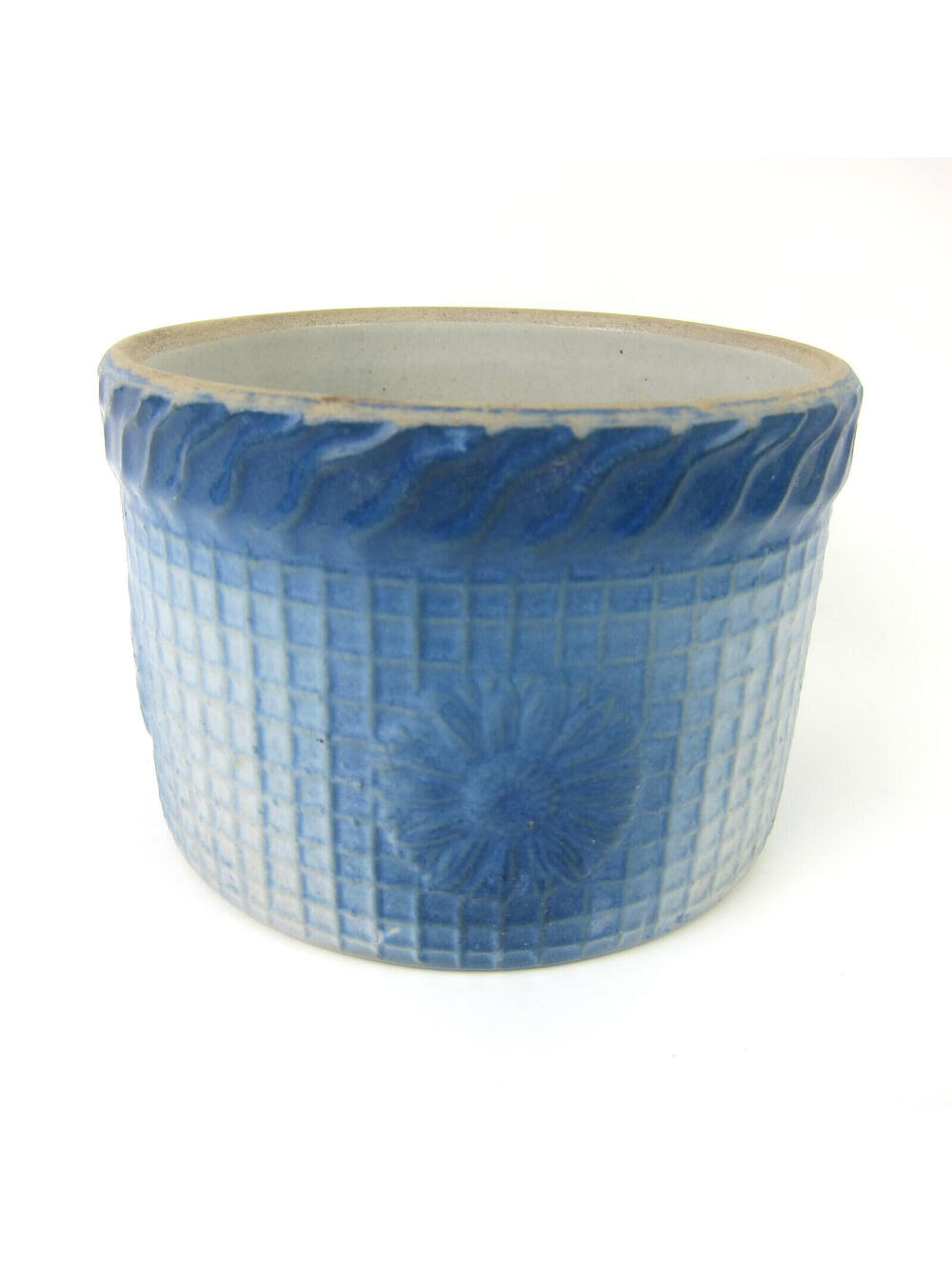 Antique McCoy Blue & White Salt Glaze Stoneware Butter Crock Daisy Flower Waffle